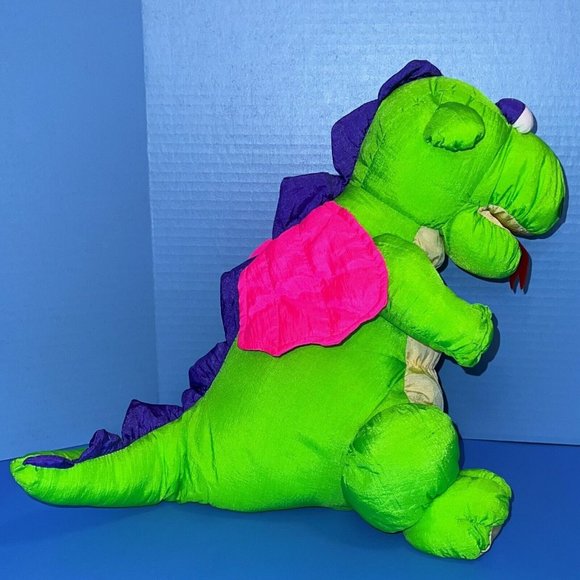 Mervyn's Playful Pals Dragon Neon Green Pink Wings Nylon 14" Plush Sound Vintage - Picture 7 of 11